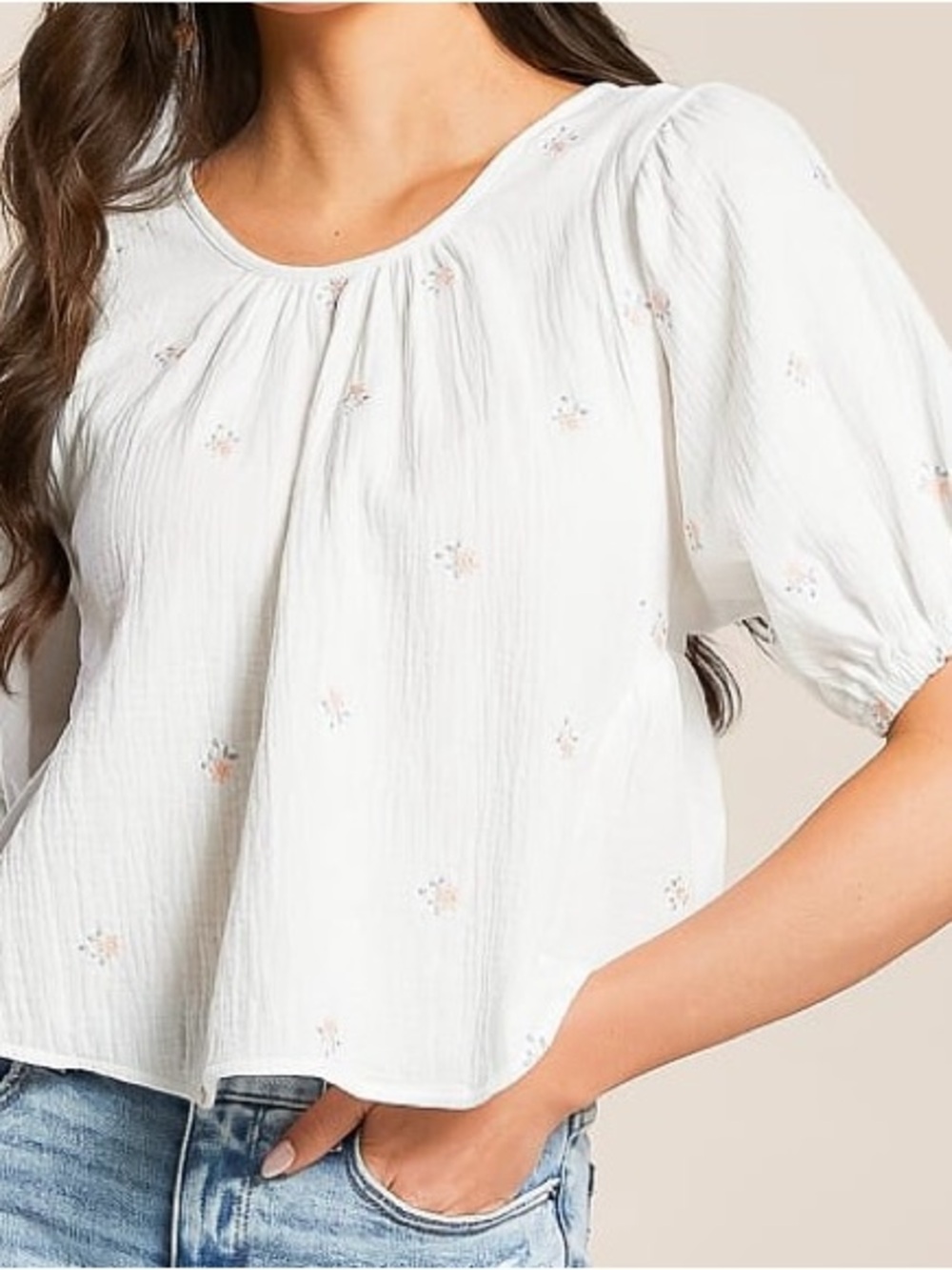 HYFVE White Floral Puff Sleeve Peasant Blouse